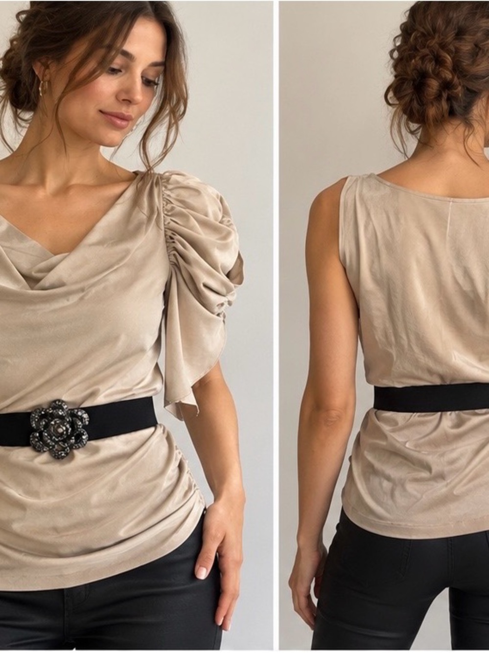 BCBGMAXAZRIA Max Azria Pumice One Shoulder Ruffle Top Jeweled Belt XS